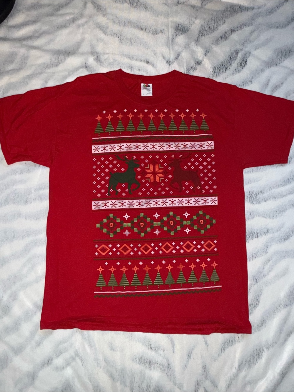 Fruit of the Loom Red Holiday Graphic Tee with Green Accents